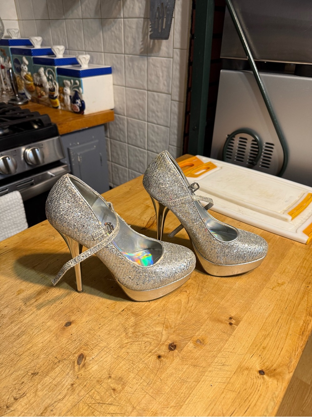 Women’s Silver Glitter Platform Mary Jane Heels